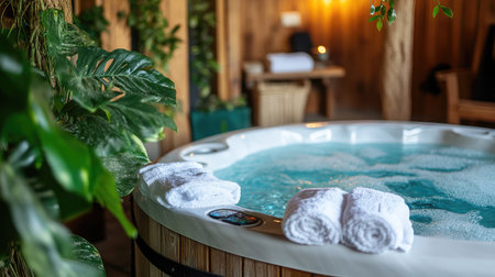 A tranquil hotel spa area with a bubbling hot tub, surrounded by lush indoor plants, soft lighting, and neatly folded towels ready for use.の素材