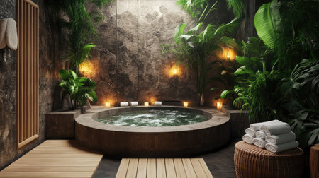 A tranquil hotel spa area with a bubbling hot tub, surrounded by lush indoor plants, soft lighting, and neatly folded towels ready for use.の素材