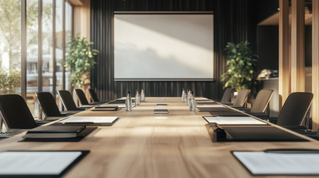 A well-lit conference space equipped with a projector screen, whiteboard, and neatly arranged notepads and pens on the table.の素材