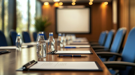 A well-lit conference space equipped with a projector screen, whiteboard, and neatly arranged notepads and pens on the table.の素材