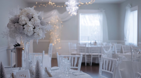 A banquet hall decorated in a winter wonderland theme, with white and silver accents, snowflake decorations, and frosted centerpieces.の素材