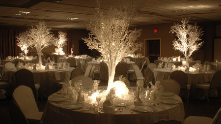 A banquet hall decorated in a winter wonderland theme, with white and silver accents, snowflake decorations, and frosted centerpieces.の素材