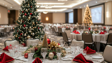 A banquet hall decorated for a holiday party, with festive ornaments, a decorated Christmas tree, and tables set with seasonal centerpieces.の素材