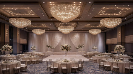 An elegant banquet hall adorned with crystal chandeliers, round tables draped in white linens, and floral centerpieces, ready for a wedding reception.の素材