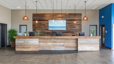 A boutique hotel reception desk made of reclaimed wood, complemented by industrial pendant lights and a backdrop of local artwork.の素材