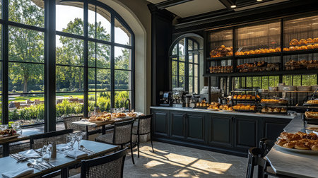 A boutique hotel breakfast nook with a sunlit bay window, bistro-style seating, and a spread of fresh pastries and fruits, inviting a leisurely morning.の素材