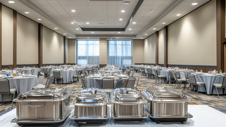 A banquet hall featuring a buffet setup along one wall, with chafing dishes, serving utensils, and neatly arranged dining tables awaiting guests.の素材