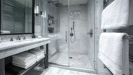 A boutique hotel bathroom featuring a modern walk-in shower with glass doors, sleek fixtures, and luxurious marble tiles.の素材
