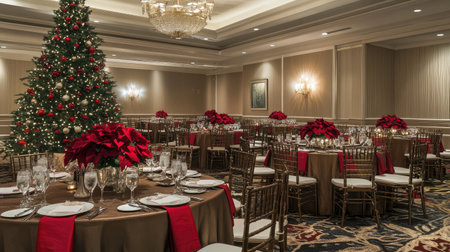 A banquet hall decorated for a holiday party, with festive ornaments, a decorated Christmas tree, and tables set with seasonal centerpieces.の素材