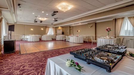 A banquet hall with a dance floor, DJ booth, and tables arranged around the perimeter, prepared for a lively party or reception.の素材