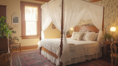 A boutique hotel bedroom featuring a canopy bed with sheer drapes, soft pastel tones, and vintage furniture, exuding romantic charm.の素材