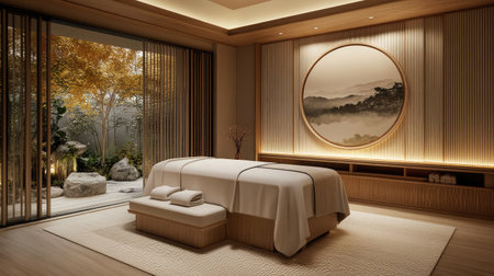 A boutique hotel spa room featuring a massage table, soft ambient lighting, and natural elements like stone and wood for a tranquil atmosphere.の素材