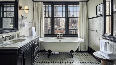 A boutique hotel bathroom featuring a freestanding clawfoot tub, marble countertops, and vintage fixtures, combining luxury with classic design.の素材