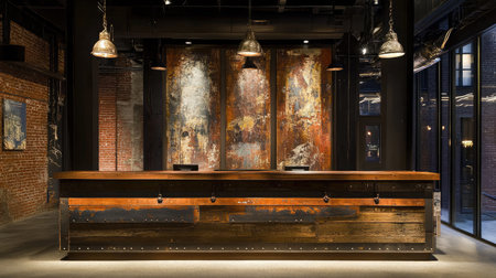 A boutique hotel reception desk made of reclaimed wood, complemented by industrial pendant lights and a backdrop of local artwork.の素材