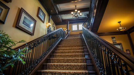 A boutique hotel staircase with a wrought iron railing, vintage carpet runner, and framed art pieces adorning the walls, leading to upper floors.の素材