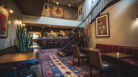 A boutique hotel staircase with a wrought iron railing, vintage carpet runner, and framed art pieces adorning the walls, leading to upper floors.の素材