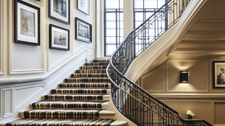 A boutique hotel staircase with a wrought iron railing, vintage carpet runner, and framed art pieces adorning the walls, leading to upper floors.の素材