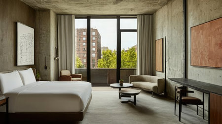 A boutique hotel suite showcasing a blend of contemporary art, mid-century modern furniture, and large windows allowing natural light to flood the space.の素材