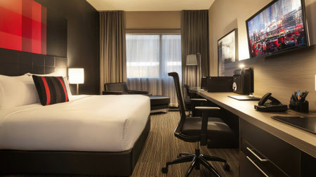 A boutique hotel workspace featuring a sleek desk, ergonomic chair, and modern decor, providing a comfortable environment for business travelers.の素材