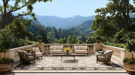 A boutique hotel terrace overlooking a scenic landscape, furnished with cozy seating and decorated with potted plants for a relaxing outdoor experience.の素材