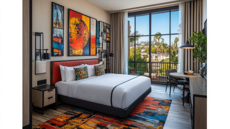 A boutique hotel suite showcasing a blend of contemporary art, mid-century modern furniture, and large windows allowing natural light to flood the space.の素材