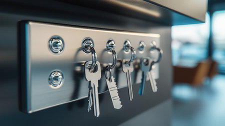 A close-up of a valet parking key storage board with labeled hooks, set against a backdrop of a stylish reception desk in a high-end hotel lobby.の素材