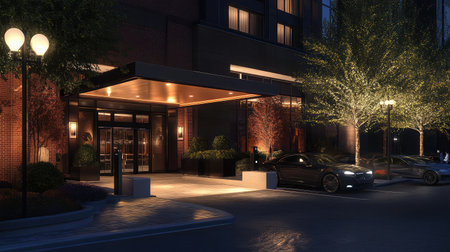 A hotel entrance showcasing a valet parking area with a sleek podium, digital key management system, and a canopy adorned with decorative lighting.の素材