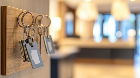 A close-up of a valet parking key storage board with labeled hooks, set against a backdrop of a stylish reception desk in a high-end hotel lobby.の素材