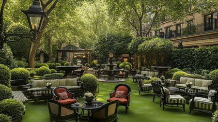 A luxury hotel garden terrace featuring manicured lawns, ornate fountains, and comfortable seating areas surrounded by lush greenery.の素材