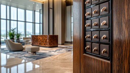A close-up of a valet parking key storage board with labeled hooks, set against a backdrop of a stylish reception desk in a high-end hotel lobby.の素材