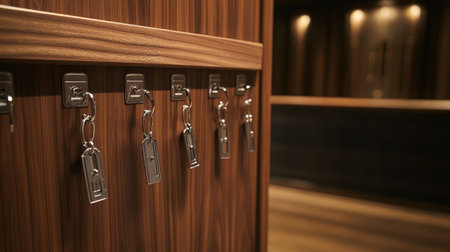 A close-up of a valet parking key storage board with labeled hooks, set against a backdrop of a stylish reception desk in a high-end hotel lobby.の素材