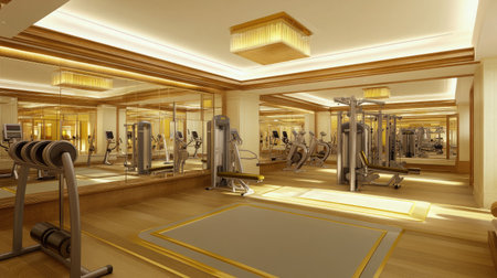 A luxury hotel fitness center equipped with state-of-the-art exercise machines, free weights, and large mirrors, offering a pristine workout environment.の素材