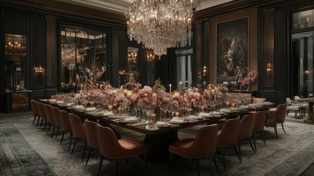 A gourmet dining room in a luxury hotel, set with fine china, crystal glassware, and plush seating, illuminated by soft candlelight for an intimate ambiance.の素材