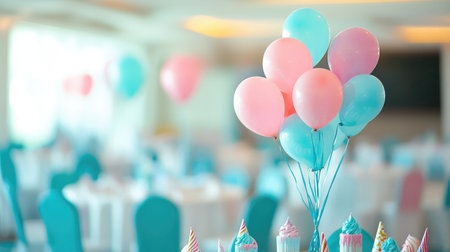 A festive banquet hall decorated with colorful balloons, streamers, and themed table settings, ready for a birthday celebration.の素材