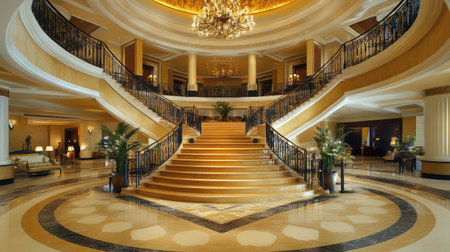 A luxury hotel entrance with a grand staircase, ornate railings, and a lavish chandelier, creating a majestic first impression.の素材