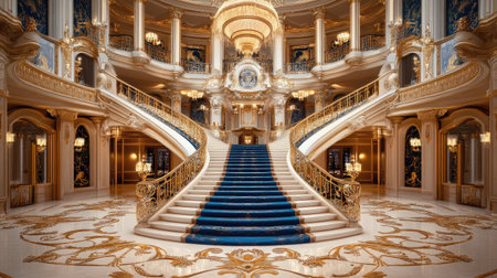 A luxury hotel entrance with a grand staircase, ornate railings, and a lavish chandelier, creating a majestic first impression.の素材