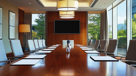 A luxury hotel conference room with a large mahogany table, ergonomic chairs, advanced audiovisual equipment, and tasteful decor for professional meetings.の素材