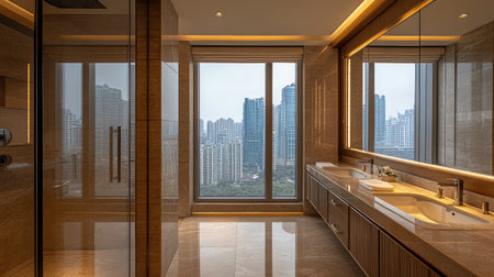 A luxury hotel suite bathroom with a walk-in rain shower, double vanity sinks, and floor-to-ceiling windows providing scenic views.の素材