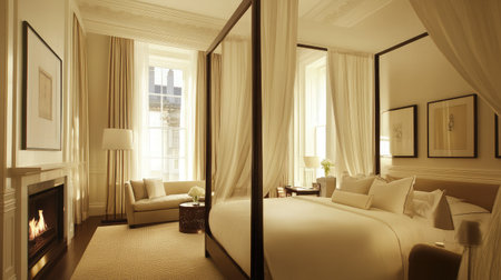 A luxury hotel suite bedroom featuring a canopy bed with high-thread-count linens, elegant drapery, and a private fireplace for added warmth.の素材