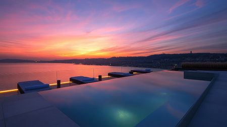 A rooftop infinity pool at a luxury hotel, overlooking a stunning sunset, with sleek lounge chairs and ambient lighting creating a serene atmosphere.の素材