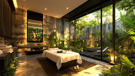 A luxury hotel spa room featuring a massage table, dimmed lighting, aromatic candles, and calming decor, designed for ultimate relaxation.の素材