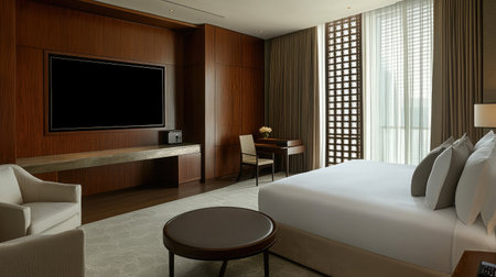 A luxury hotel suite with a home theater system, plush seating, and soundproof walls for an immersive entertainment experience.の素材