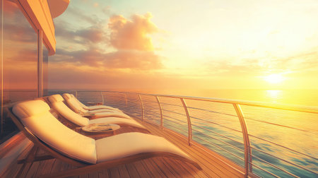 A private balcony in a luxury hotel suite, furnished with comfortable lounge chairs and offering breathtaking ocean views at sunrise.の素材