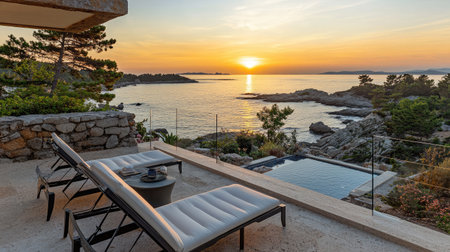 A private balcony in a luxury hotel suite, furnished with comfortable lounge chairs and offering breathtaking ocean views at sunrise.の素材