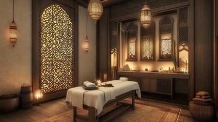 A luxury hotel spa room featuring a massage table, dimmed lighting, aromatic candles, and calming decor, designed for ultimate relaxation.の素材