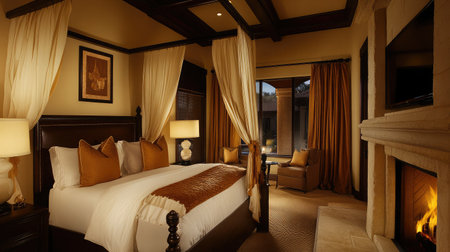 A luxury hotel suite bedroom featuring a canopy bed with high-thread-count linens, elegant drapery, and a private fireplace for added warmth.の素材