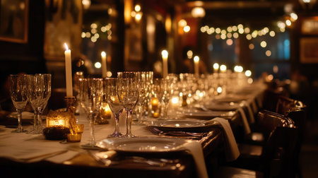 A spacious banquet hall featuring long rectangular tables set with fine china, silverware, and candles, prepared for a formal dinner event.の素材