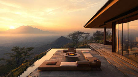 A luxury hotel suite with a private terrace overlooking a serene mountain landscape, furnished with cozy seating and a fire pit.の素材