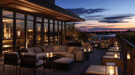 A rooftop terrace of a boutique hotel offering panoramic city views, furnished with comfortable seating and ambient lighting for evening relaxation.の素材