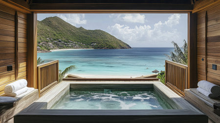 A luxury hotel suite with a private plunge pool on the balcony, overlooking a pristine beach and crystal-clear ocean waters.の素材